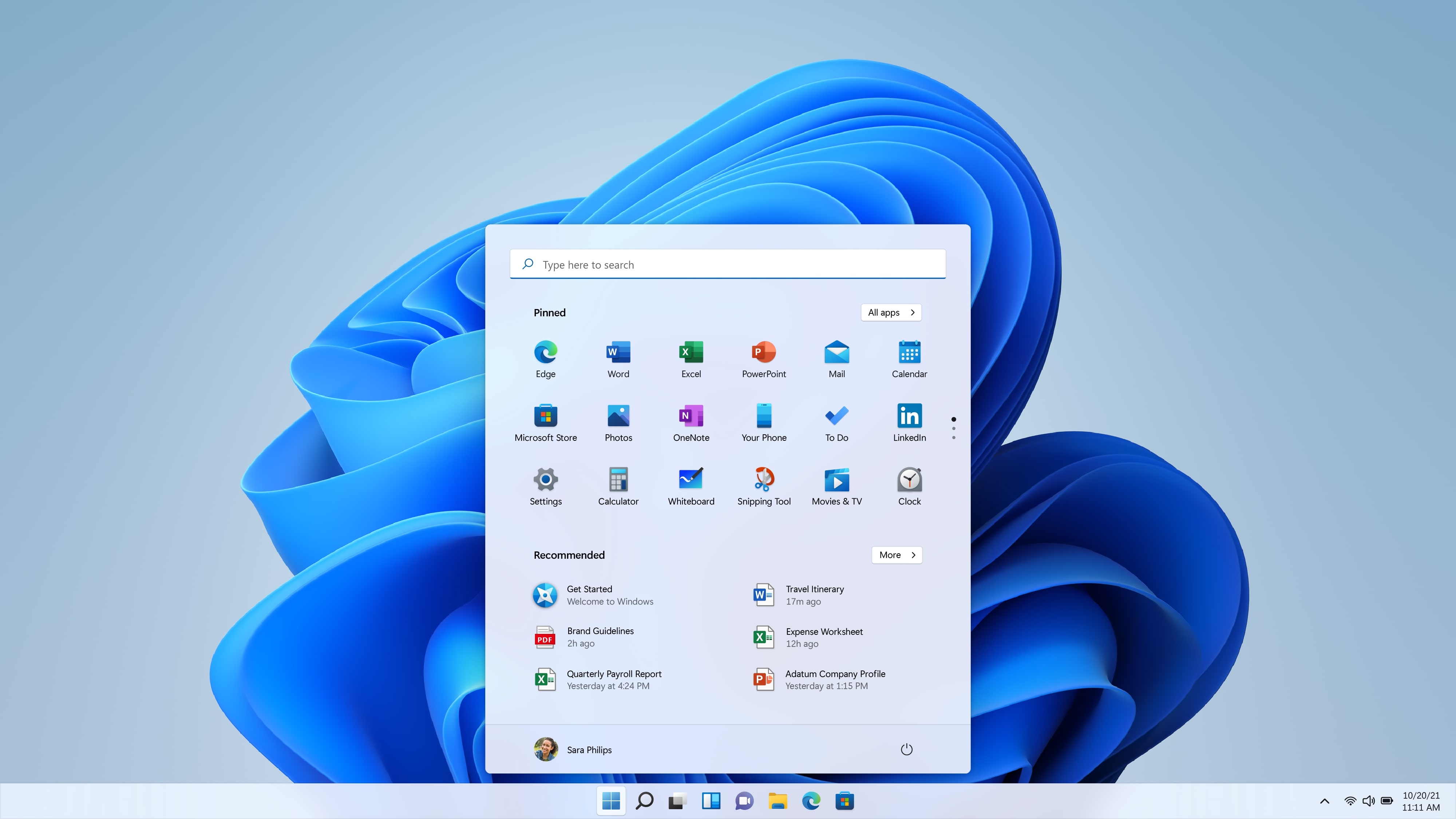 Windows 11 start screen
